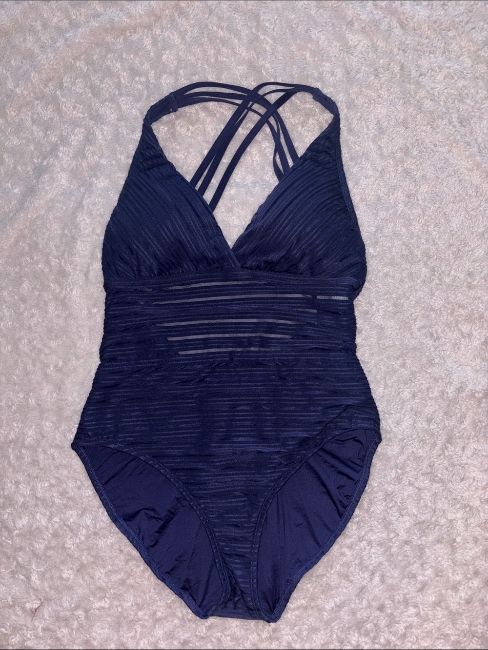 La Blanca Navy Striped One-Piece Swimsuit with Crisscross Straps